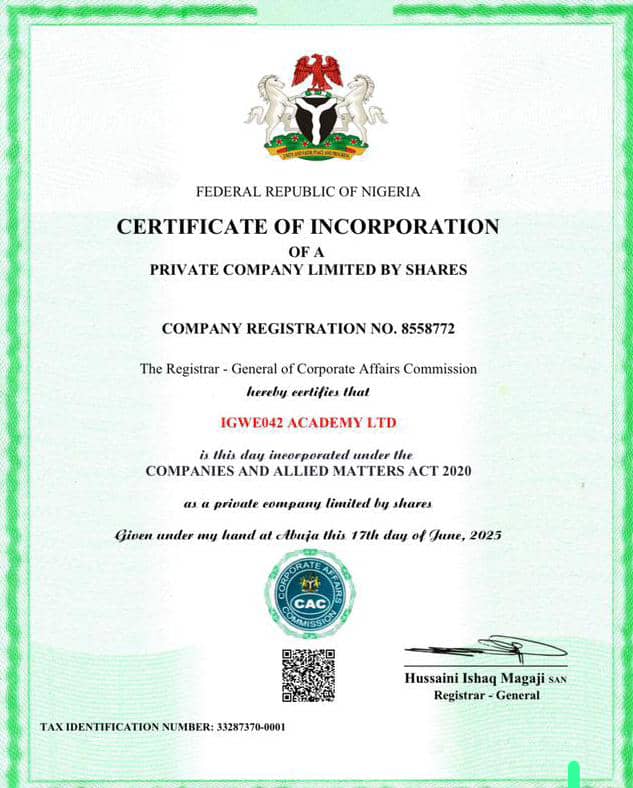 CAC Certificate - IGWE042 ACADEMY LTD